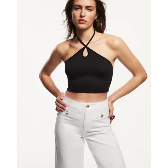 NWT Zara Ribbed Keyhole Crossed Halter Crop Top in Black, Size Medium - Picture 5 of 14